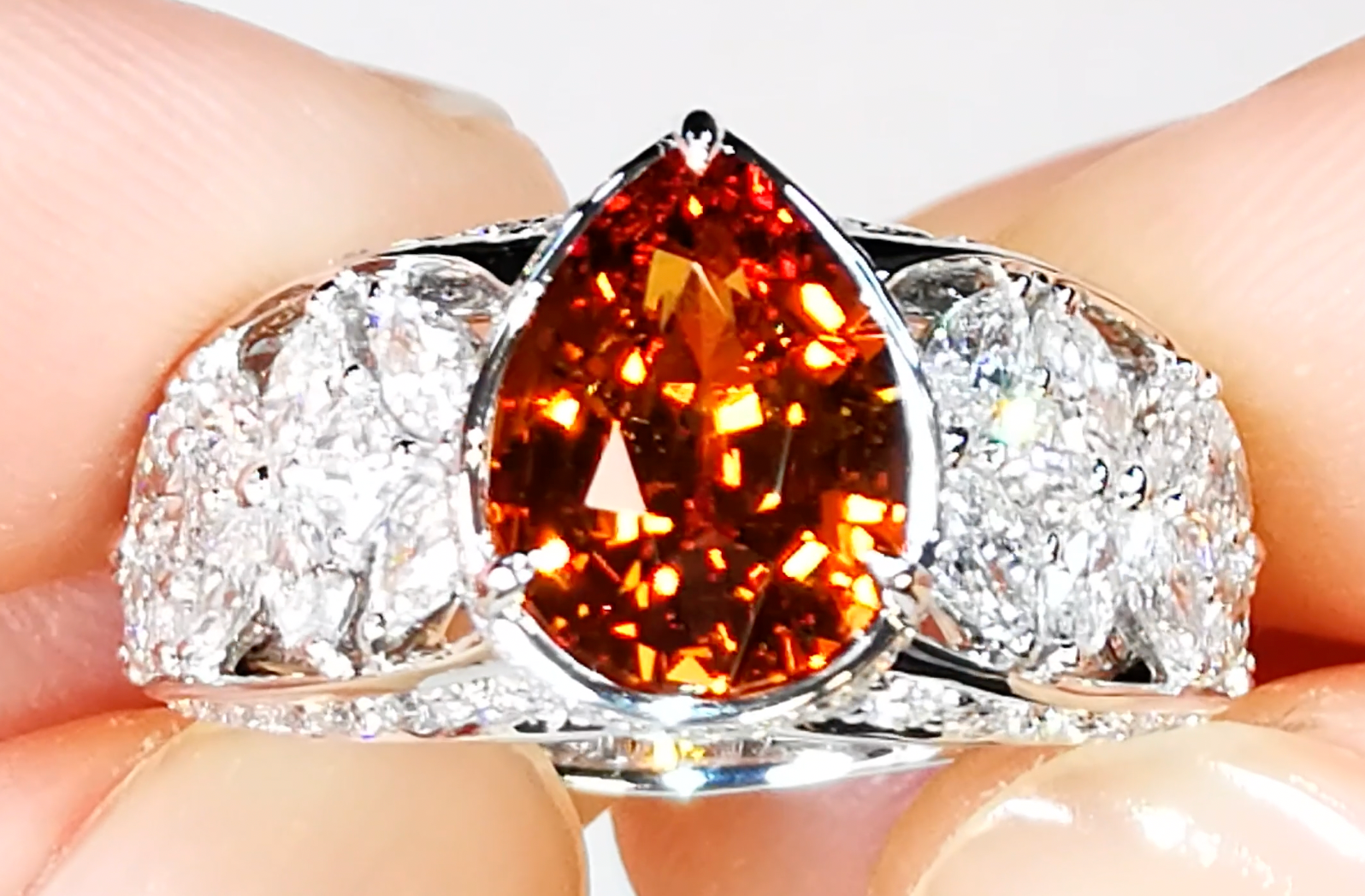 3.45ct Neon Mandarin Garnet Ring with D Flawless Diamonds set in 18K White Gold