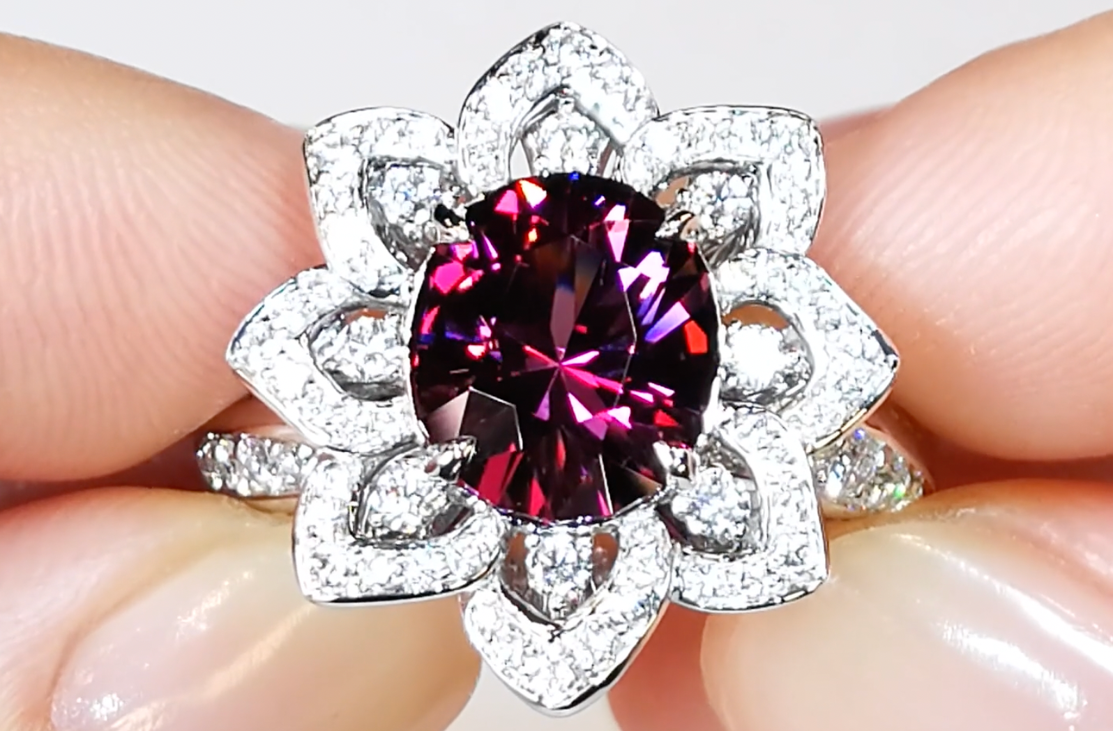 4.13ct Magenta Garnet Ring with D Flawless Diamonds set in 18K White Gold