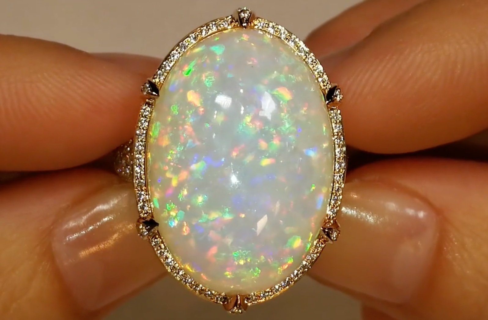 15.78ct Opal Ring with D Flawless Diamonds set in 18K Yellow Gold