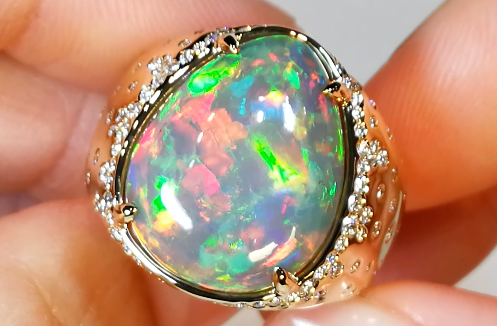 10.40ct Indonesian Black Opal Ring with D Flawless Diamonds set in 18K Yellow Gold