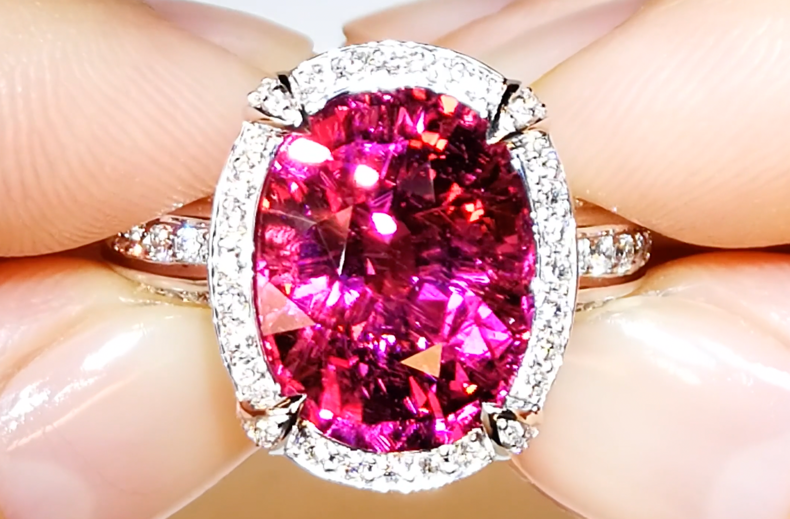 9.17ct Neon Rubellite Tourmaline Ring with D Flawless Diamonds set in 18K White Gold
