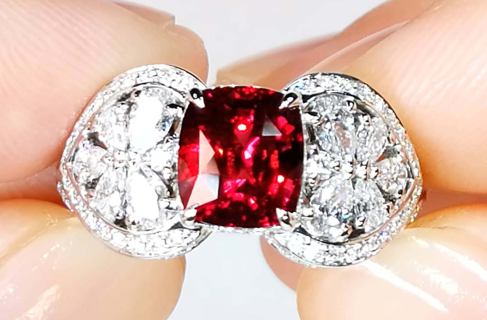 2.53ct Unheated Mozambique Pigeon Blood Ruby Ring with D Flawless Diamonds set in 18K White Gold