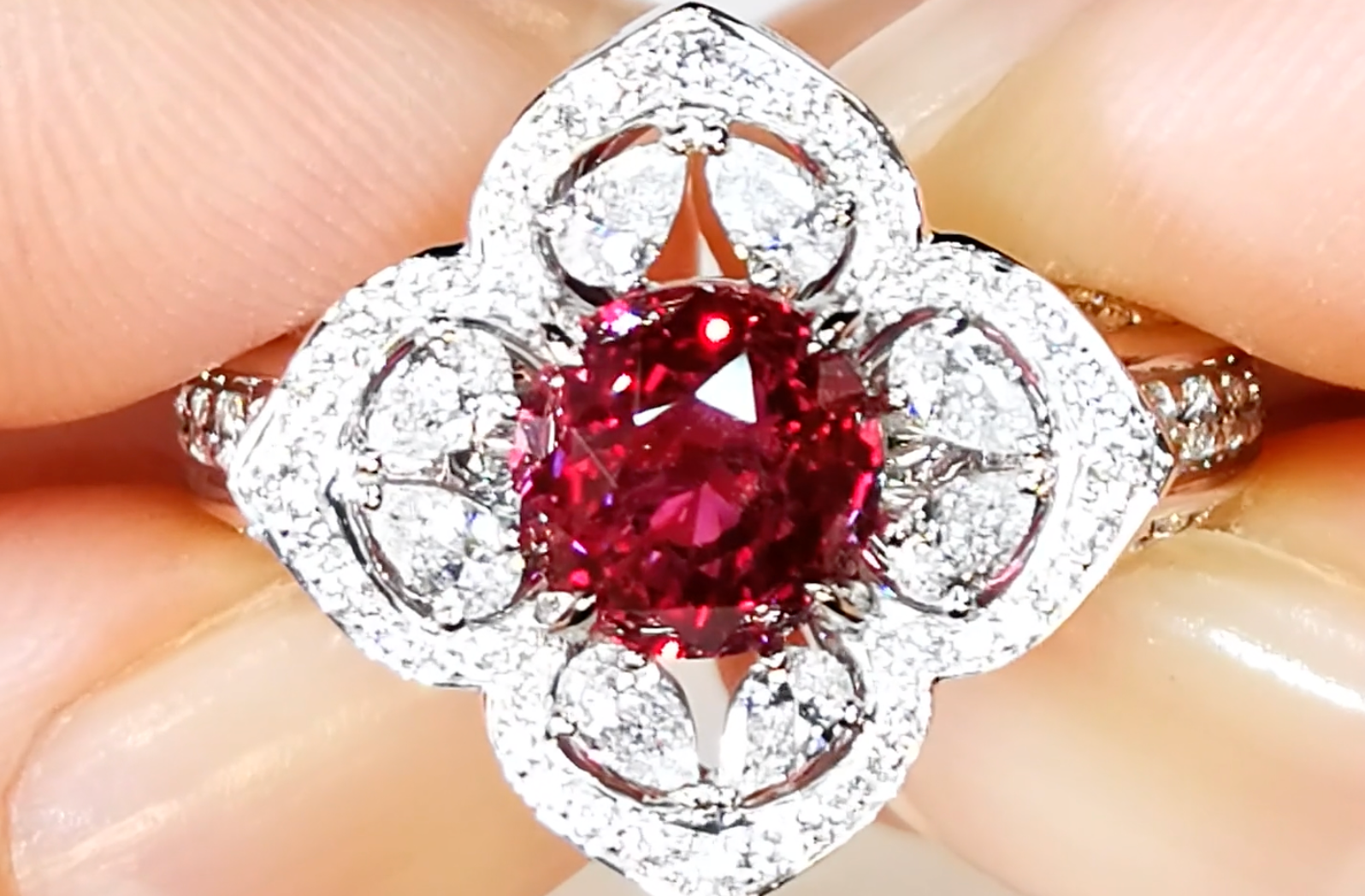 Unheated Intense Red Ruby Ring with D Flawless Diamonds set in 18K White Gold