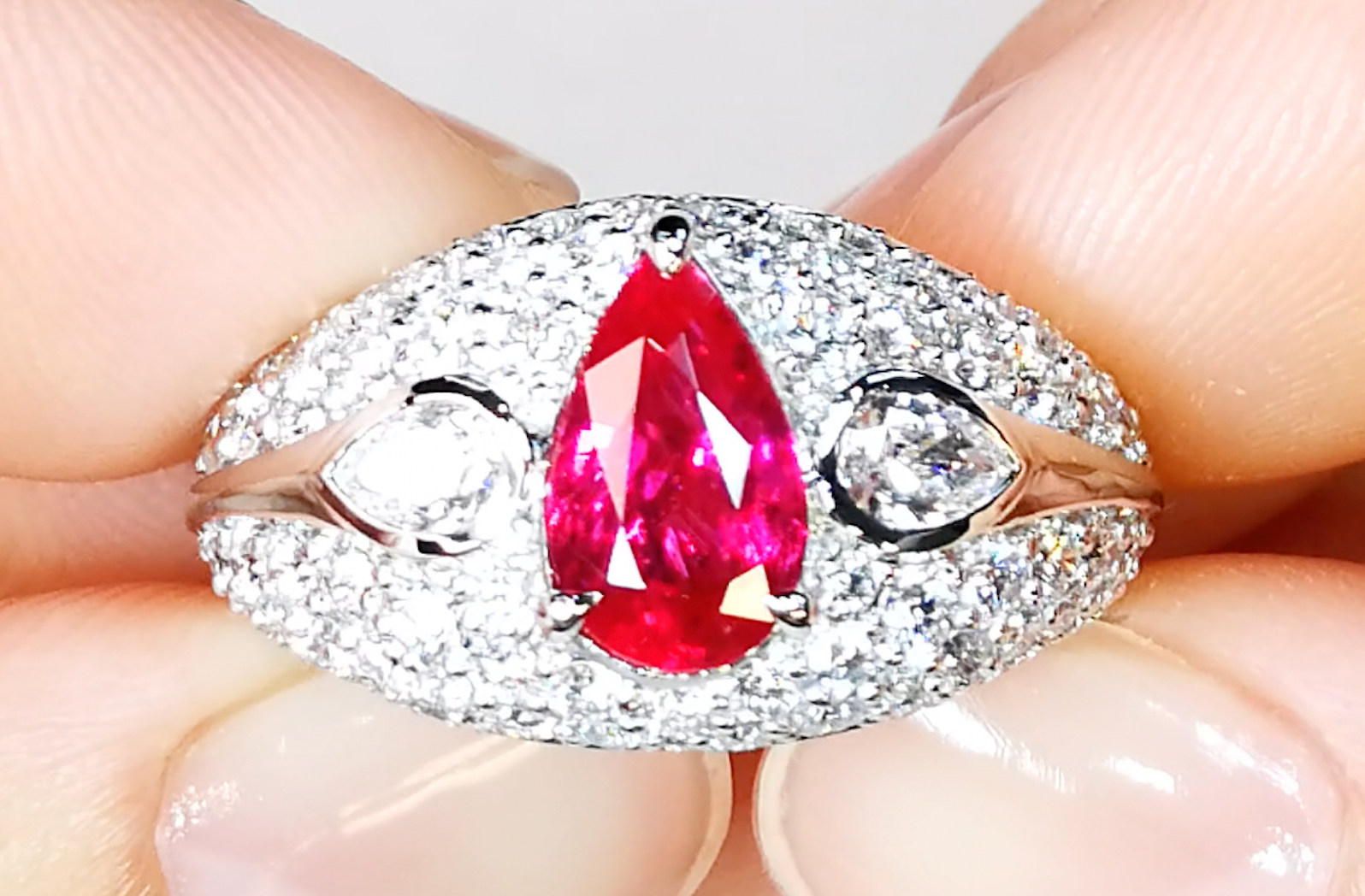 2.03ct Unheated Mozambique Jedi Pigeon Blood Ruby Ring with D Flawless Diamonds set in 18K White Gold
