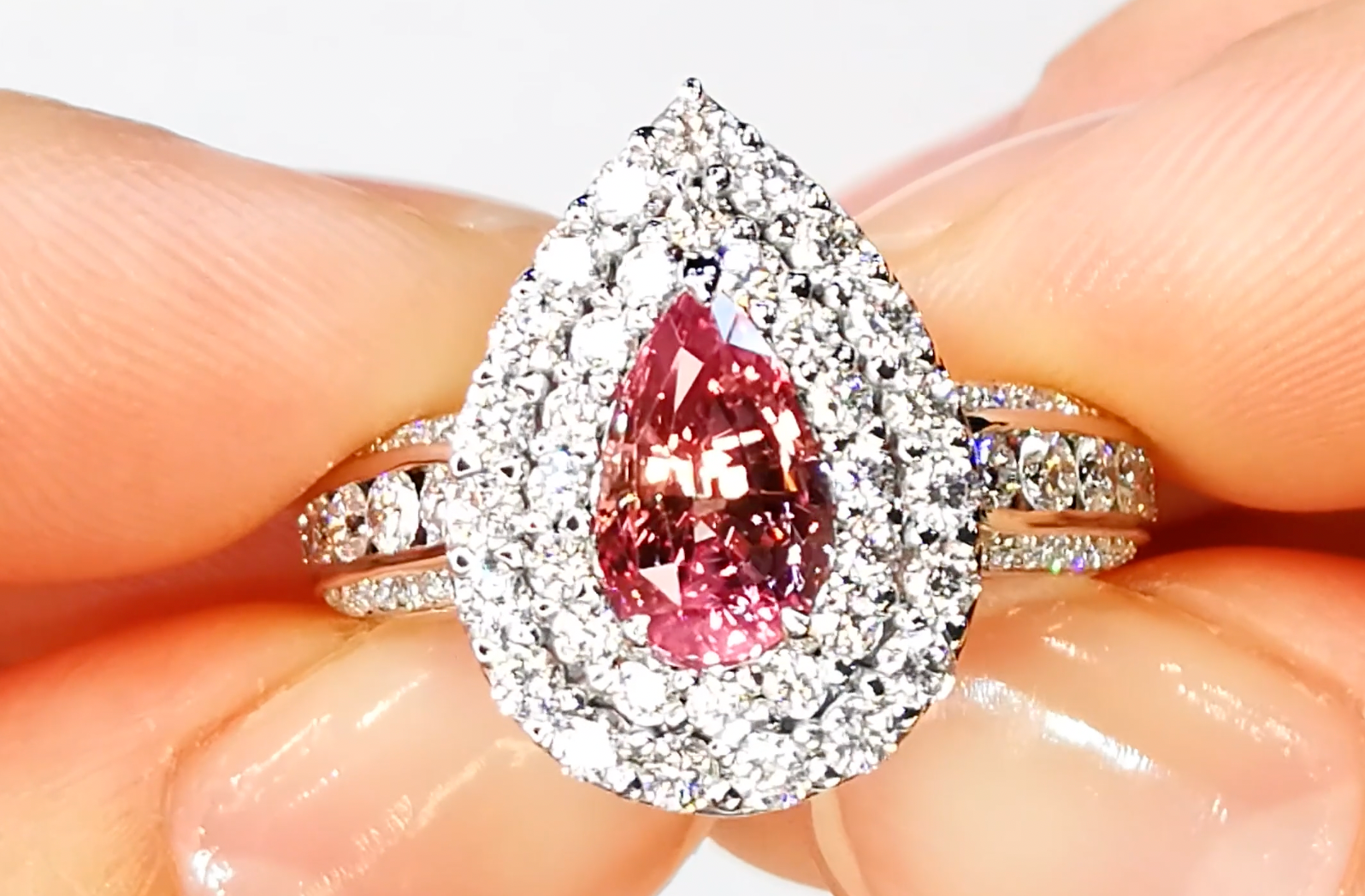 Unheated Padparadscha Sapphire Ring with D Flawless Diamonds set in 18K White Gold