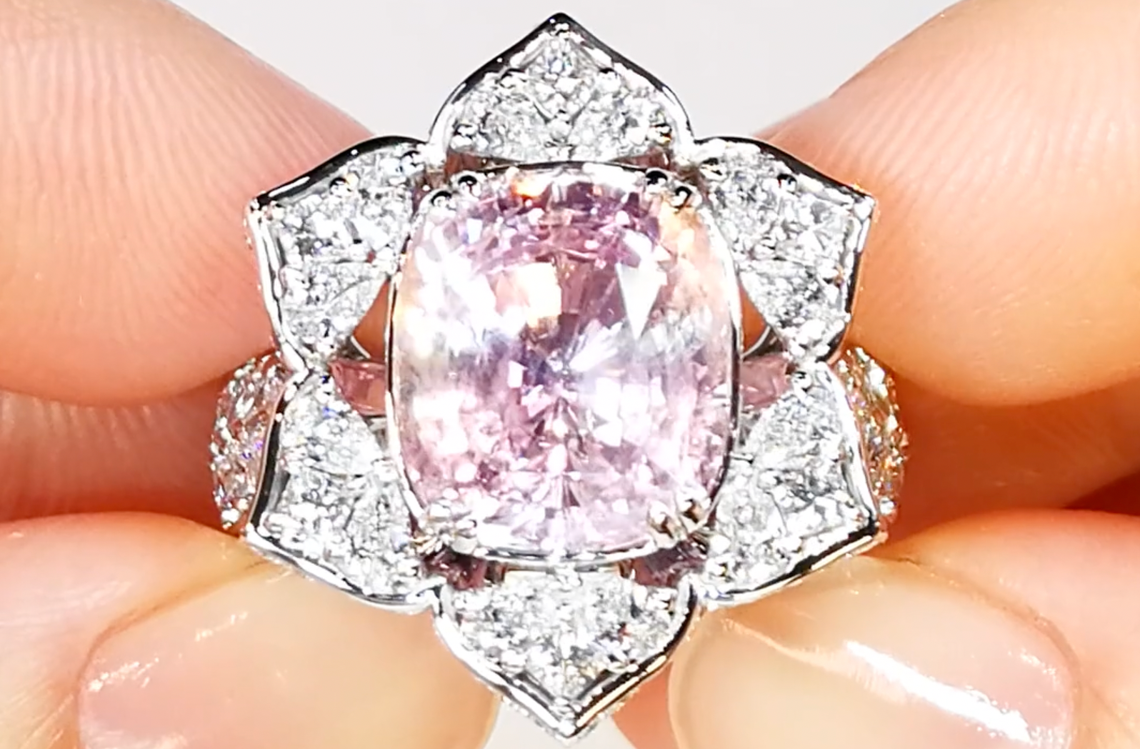 9.01ct Unheated Padparadscha Sapphire Ring with D Flawless Diamonds set in 18K White Gold