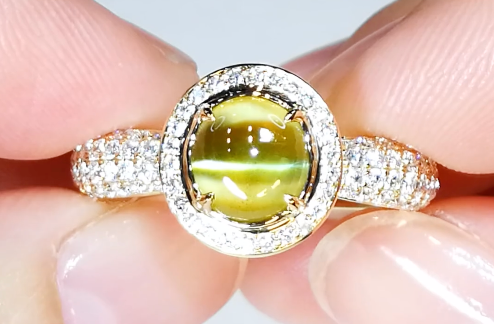 Ceylon Milk And Honey Cat Eye Chrysoberyl Ring with D Flawless Diamonds set in 18K Yellow Gold