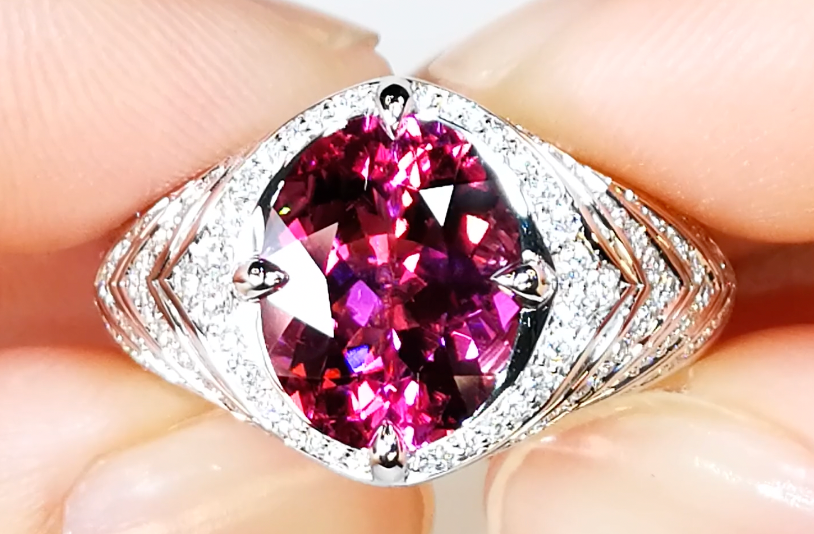 Neon Rubellite Ring with D Flawless Diamonds set in 18K White Gold