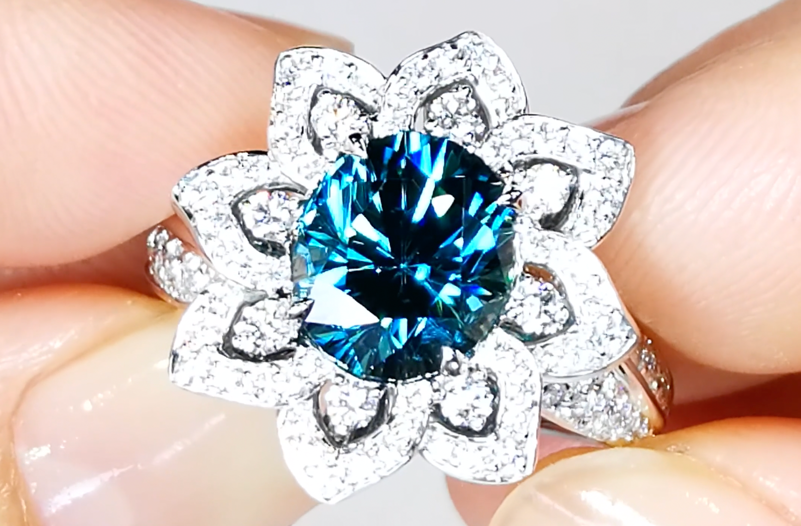 5.17ct Blue Zircon Ring with D Flawless Diamonds set in 18K White Gold