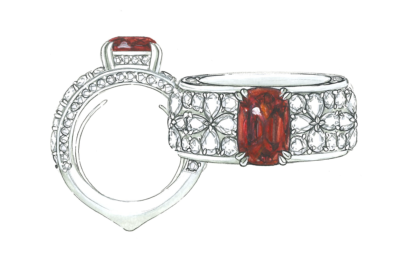 1.71ct Red Beryl Bixbite Ring with D Flawless Diamonds set in 18K White Gold