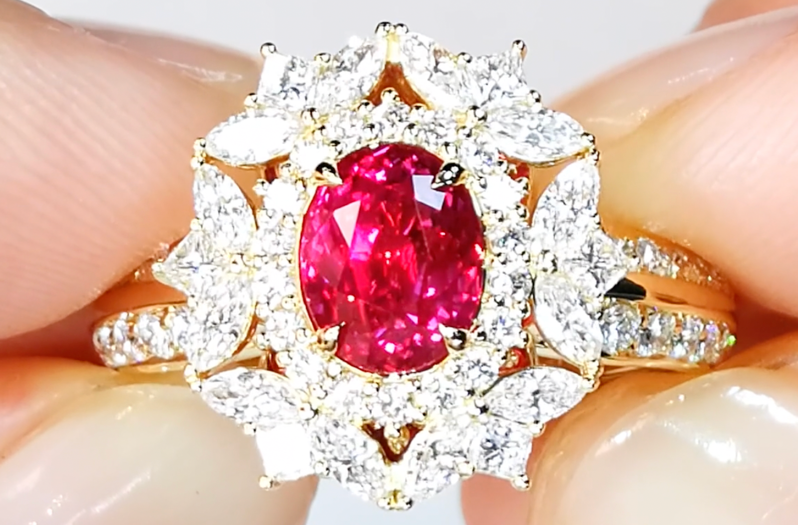 2.02ct Unheated Pigeons Blood Jedi Ruby Ring with D Flawless Diamonds set in 18K Yellow Gold