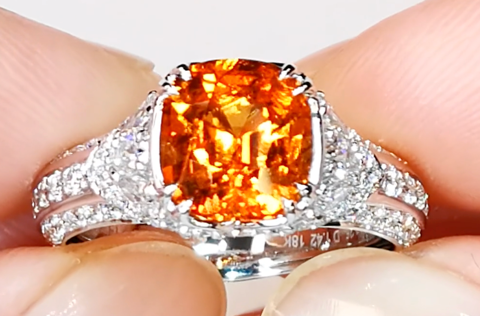 3.25ct Mandarin Garnet Ring with D Flawless Diamonds set in 18K White Gold