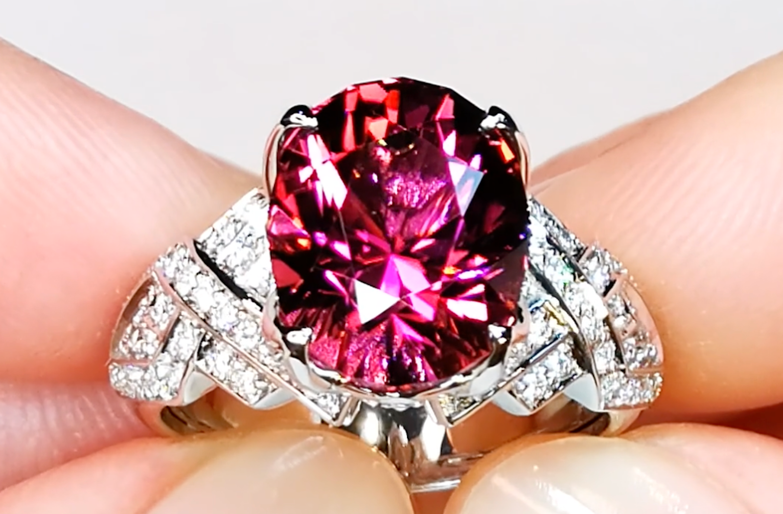 6.18ct Vibrant Rubellite Ring with D Flawless Diamonds set in 18K White Gold