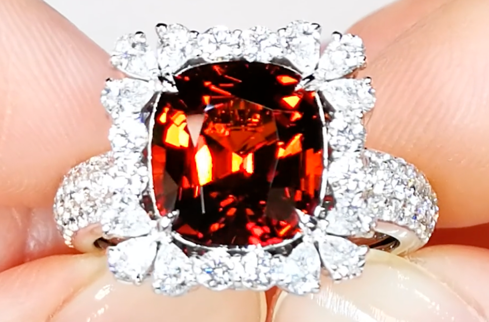 5.14ct Mandarin Garnet Ring with D Flawless Diamonds set in 18K White Gold