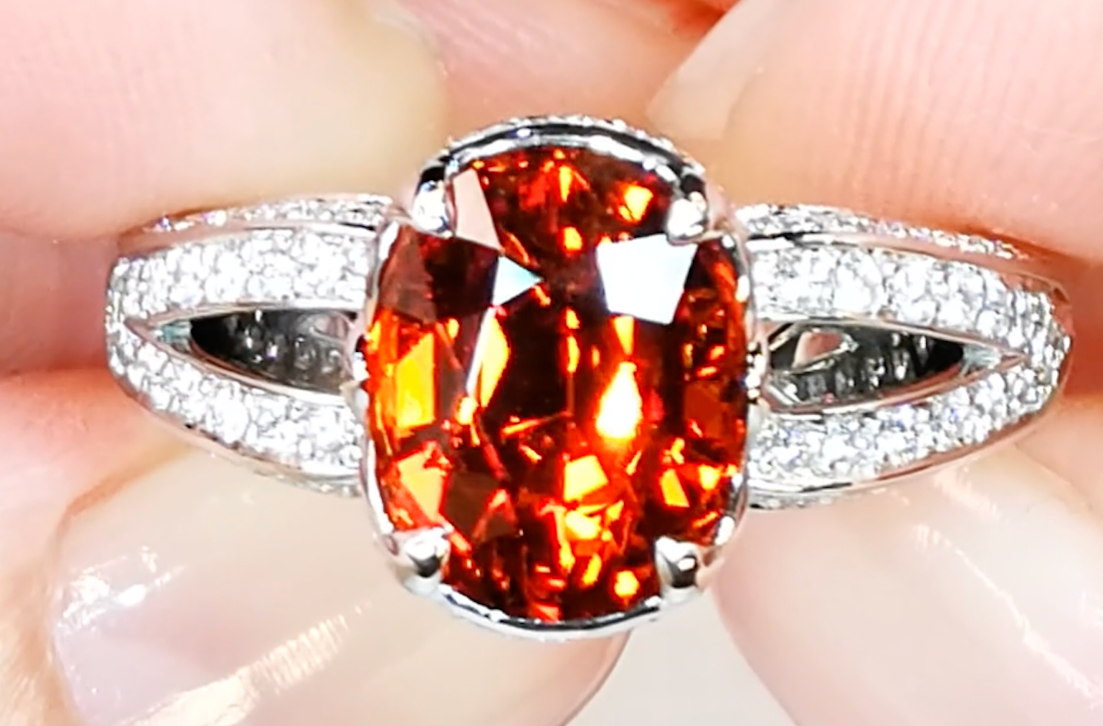 4.22ct Mandarin Garnet Ring with D Flawless Diamonds set in 18K White Gold