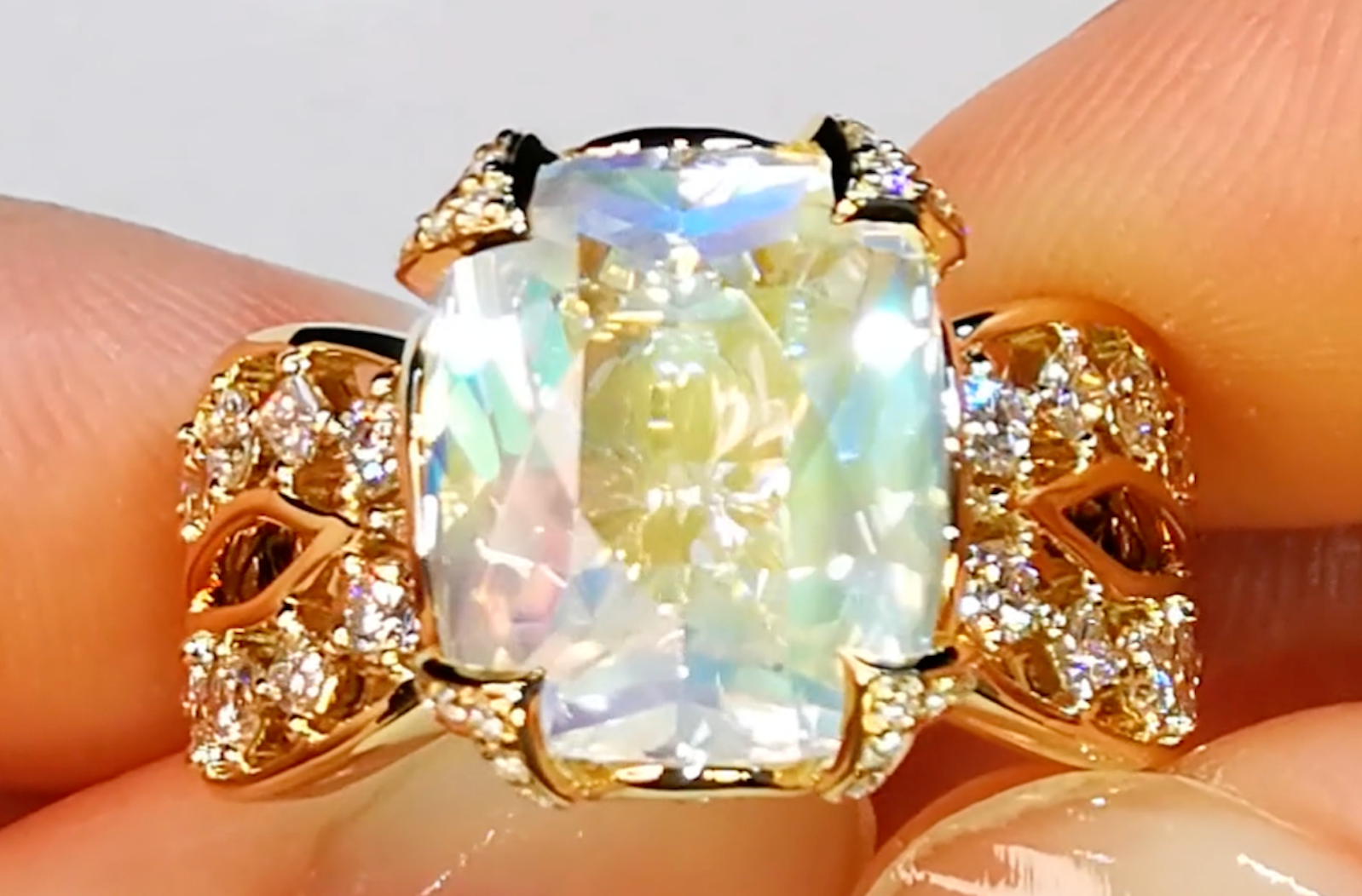 7.21ct Rainbow Moonstone Ring with D Flawless Diamonds set in 18K Yellow Gold