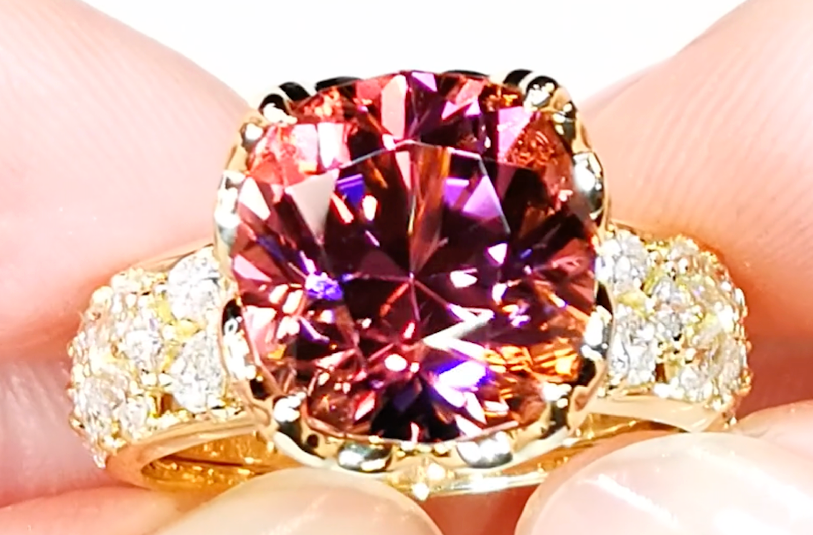 7.80ct Neon Pink Tourmaline Ring with D Flawless Diamonds set in 18K Yellow Gold