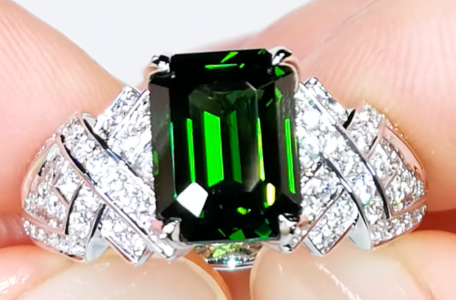 5.11ct Ceylon Green Zircon Ring with D Flawless Diamonds set in 18K White Gold
