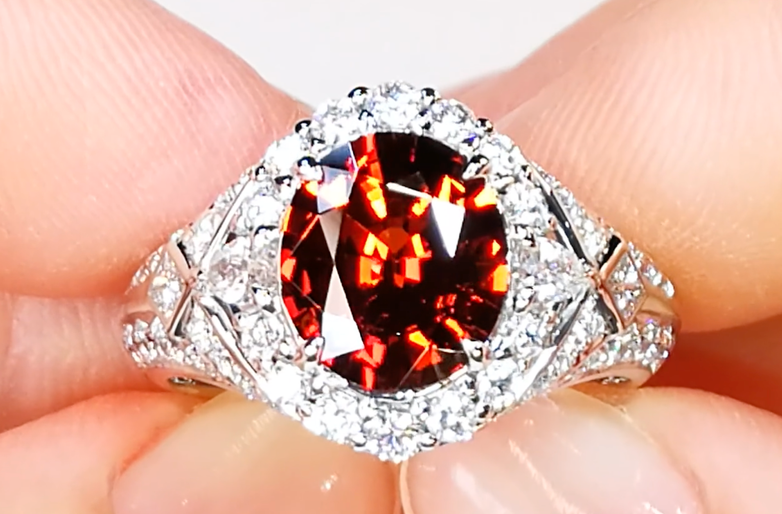 3.42ct Mandarin Garnet Ring with D Flawless Diamonds set in 18K White Gold
