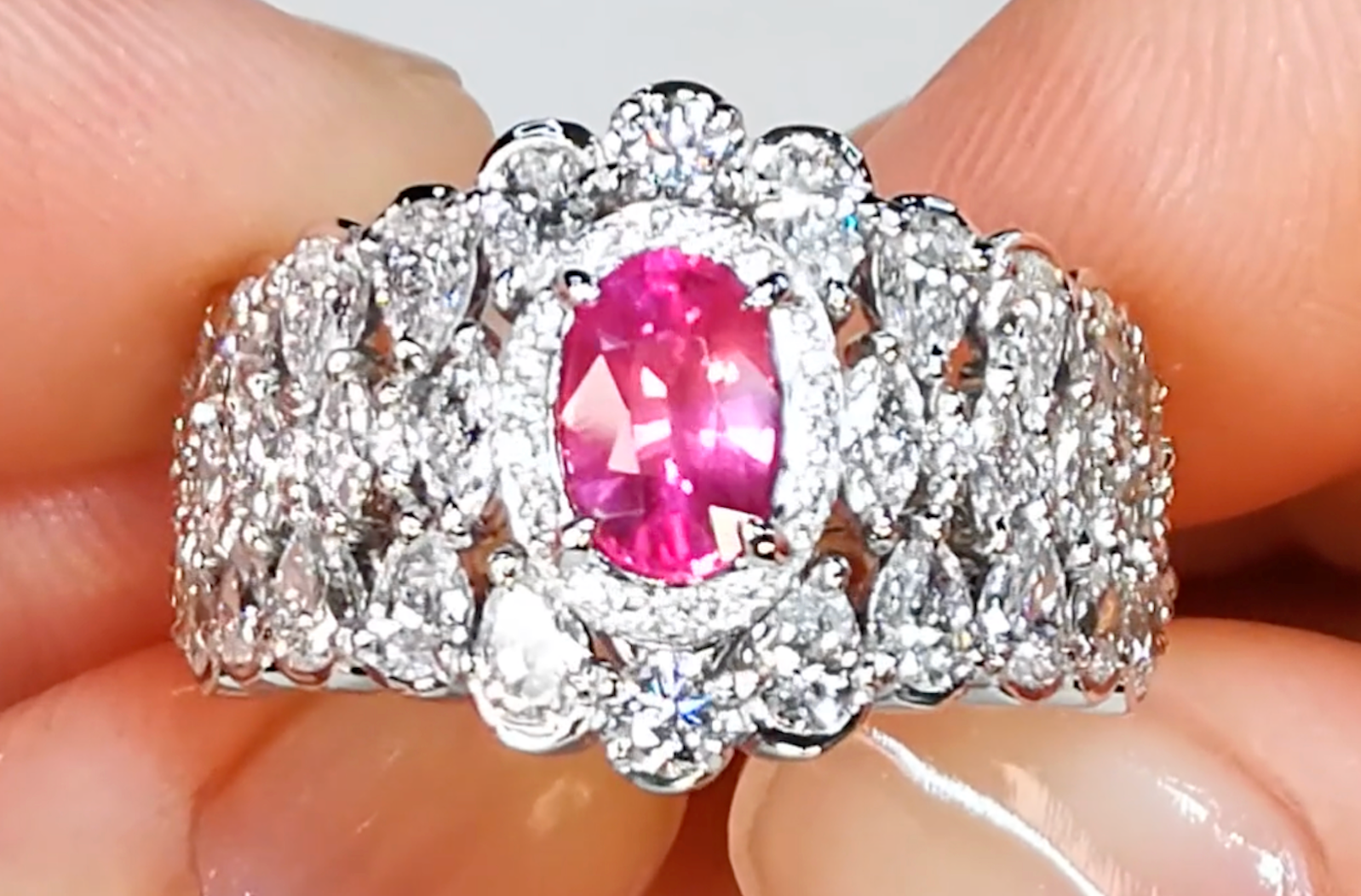 1.02ct Unheated Sunrise Padparadscha Sapphire Ring with D Flawless Diamonds set in 18K White Gold