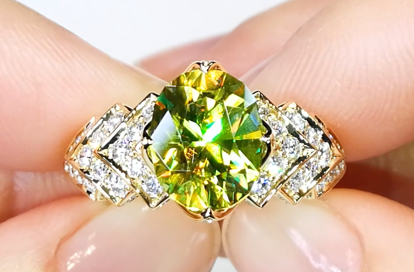 3.78ct Sphene Ring with D Flawless Diamonds set in 18K Yellow Gold