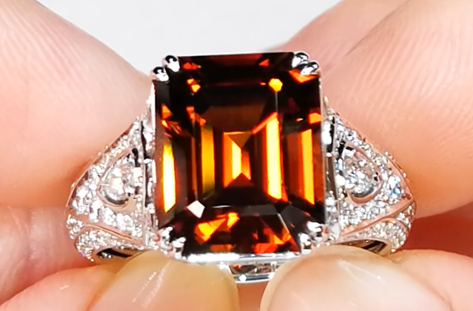 8.89ct Orange Zircon Ring with D Flawless Diamonds set in 18K White Gold