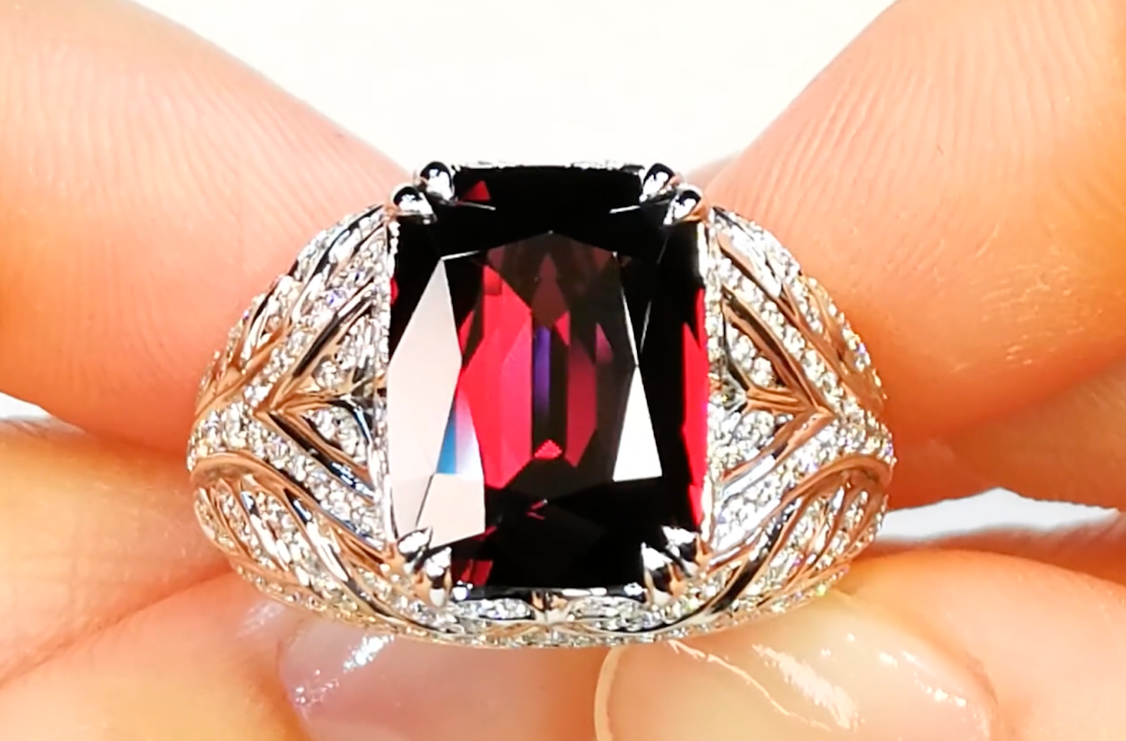 6.77ct Vietnamese Royal Red Flawless Spinel Ring with D Flawless Diamonds set in 18K White Gold