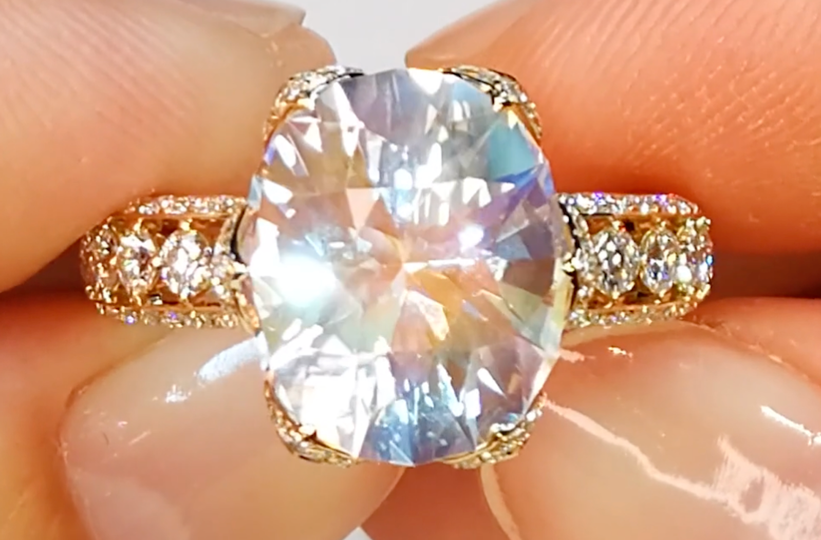 5.38ct Rainbow Moonstone Ring with D Flawless Diamonds set in 18K Yellow Gold