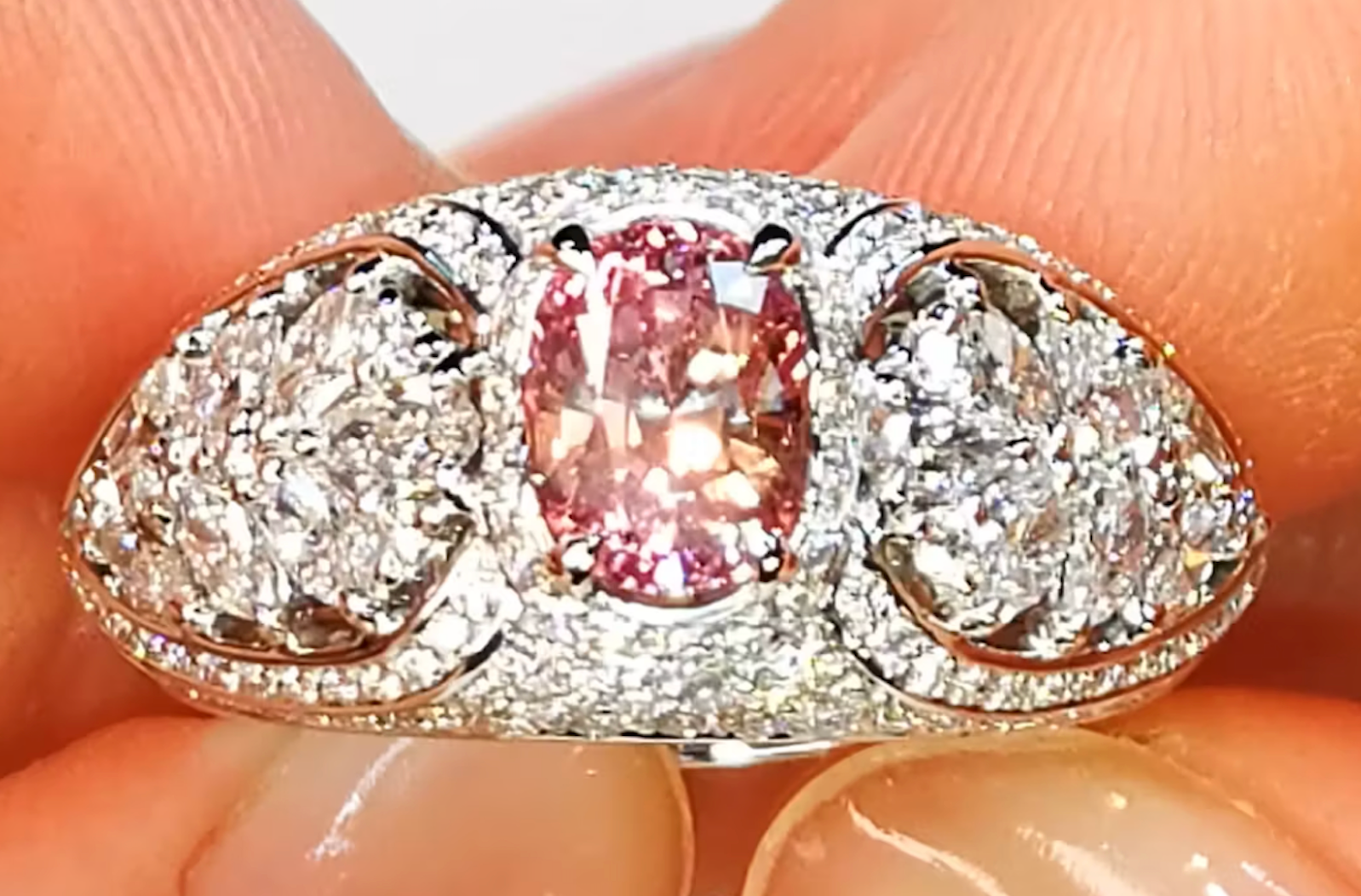 2.15ct Unheated Ceylon Sunrise Padparadscha Sapphire Ring with D Flawless Diamonds set in 18K White Gold