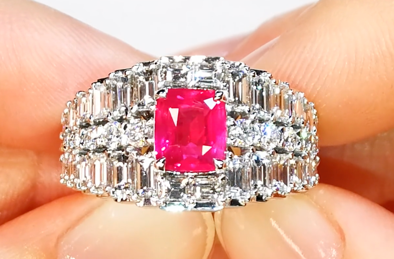 2.05ct Unheated Neon Ruby Ring with D Flawless Diamonds set in 18K White Gold