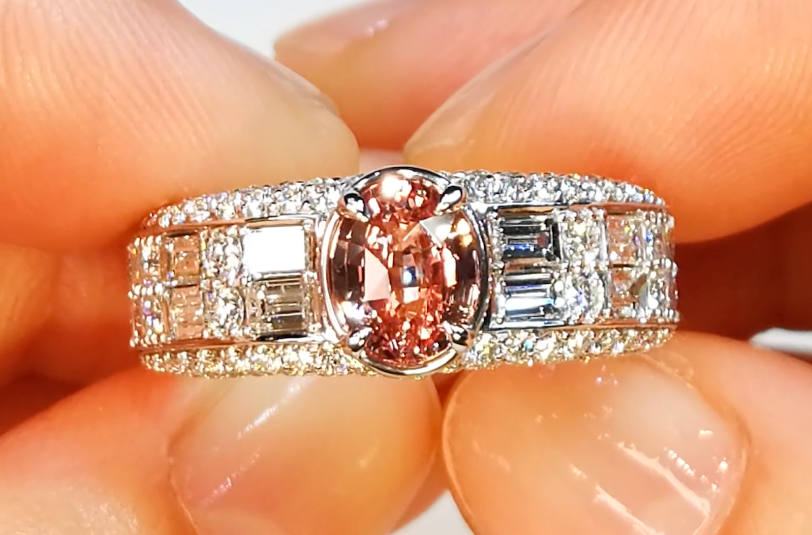 1.53ct Unheated Padparadscha Sapphire Ring with D Flawless Diamonds set in 18K White Gold