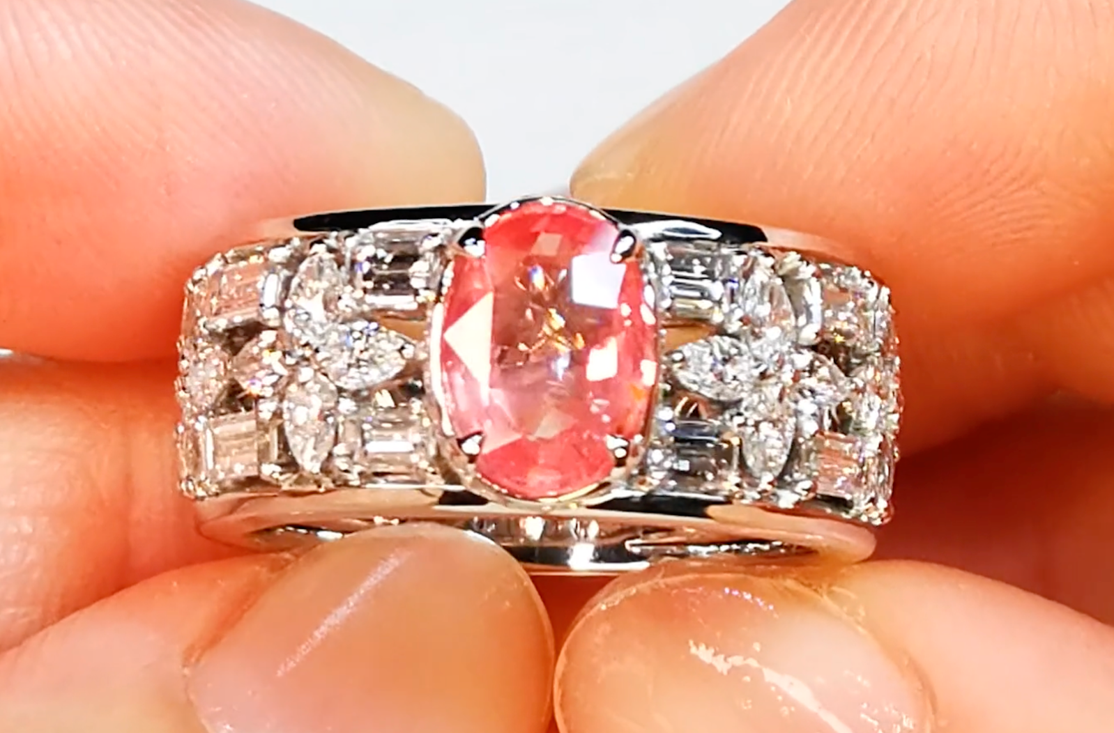 2.06ct Unheated Ceylon Intense Sunrise Padparadscha Sapphire Ring with D Flawless Diamonds set in 18K White Gold