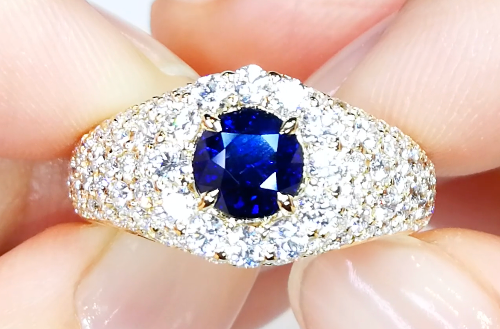 1.57ct Unheated Mogok Blue Sapphire Ring with D Flawless Diamonds set in 18K Yellow Gold