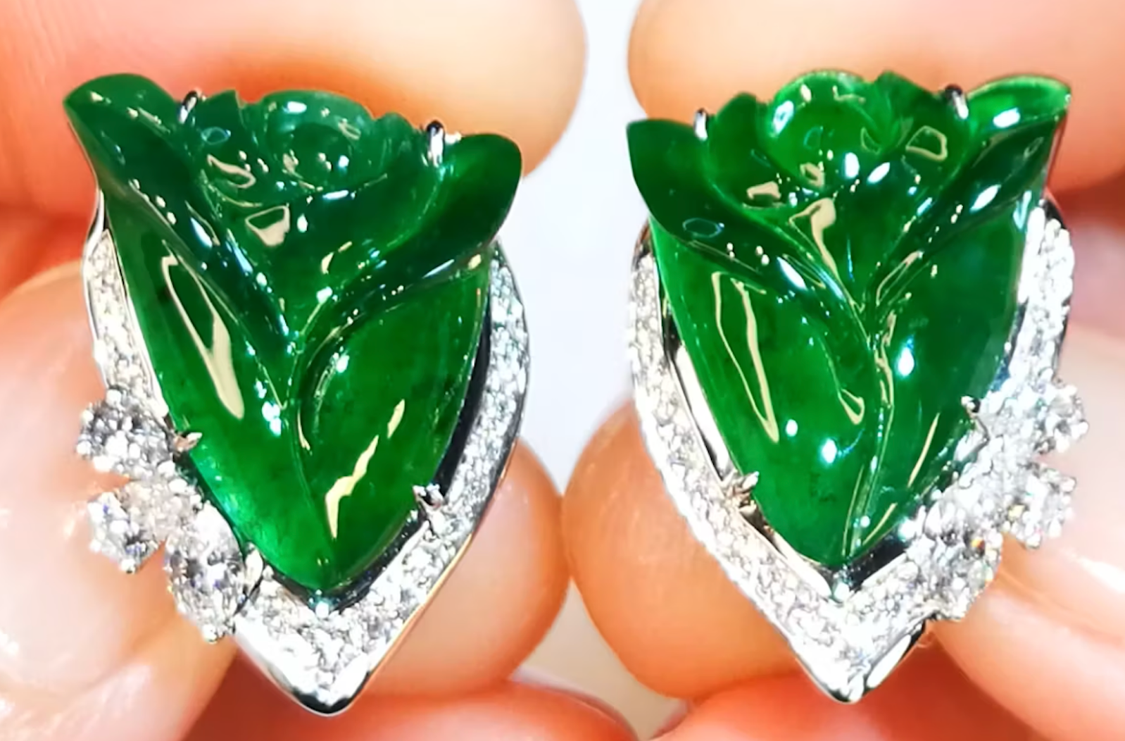 8.89ct Fei Cui Imperial A Jadeite Earrings with D Flawless Diamonds set in 18K White Gold