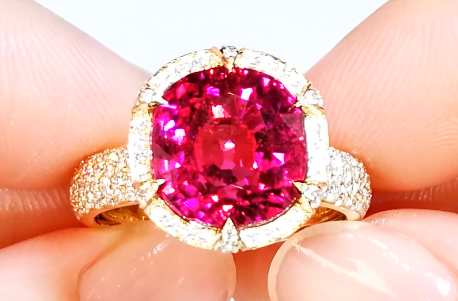 7.66ct Brazilian Neon Rubellite Tourmaline Ring with D Flawless Diamonds set in 18K Yellow Gold