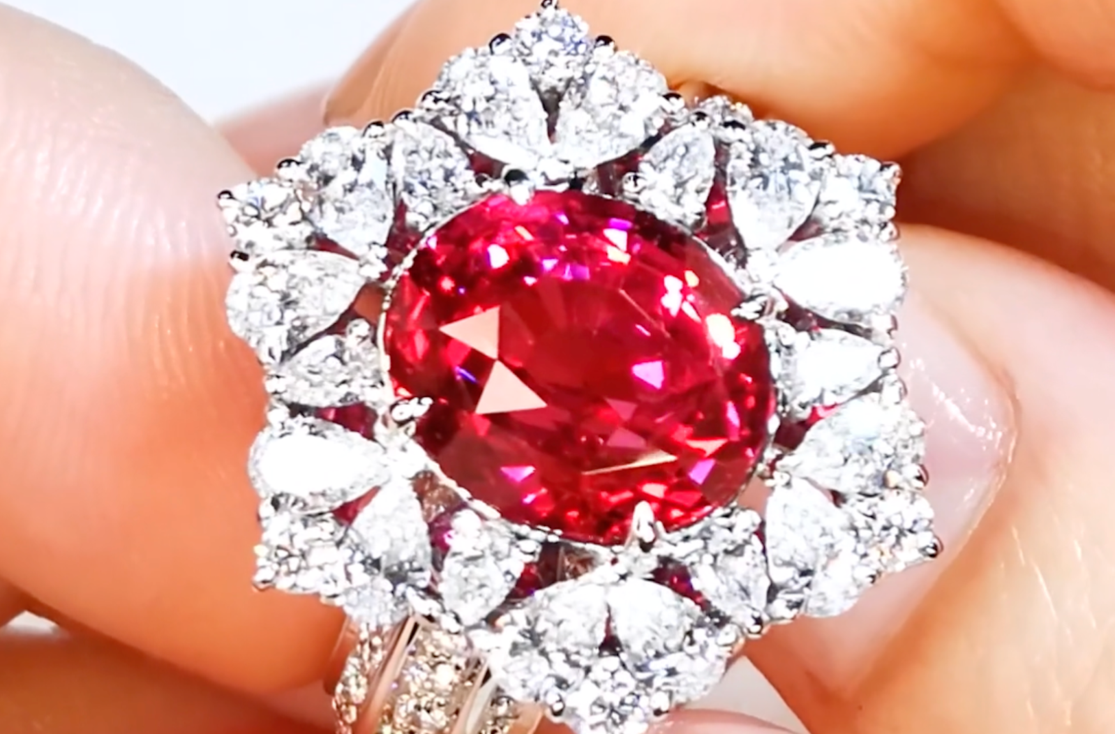 6.02ct 650 Million Year Old Neon Vibrant Jedi Red Spinel Ring with D Flawless Diamonds set in 18K White Gold