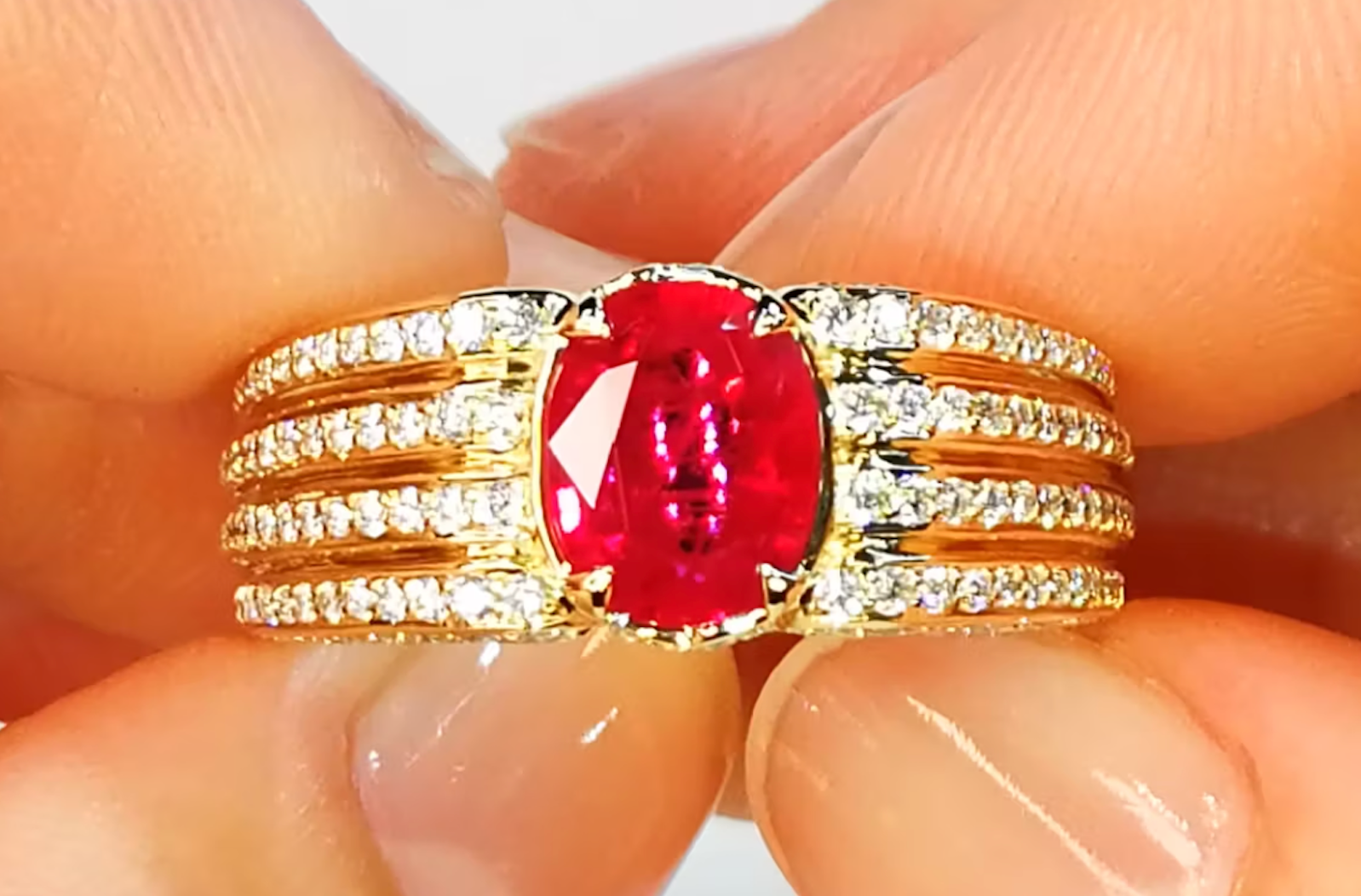 1.65ct Unheated Mogok Intense Red Ruby Ring with D Flawless Diamonds set in 18K Yellow Gold