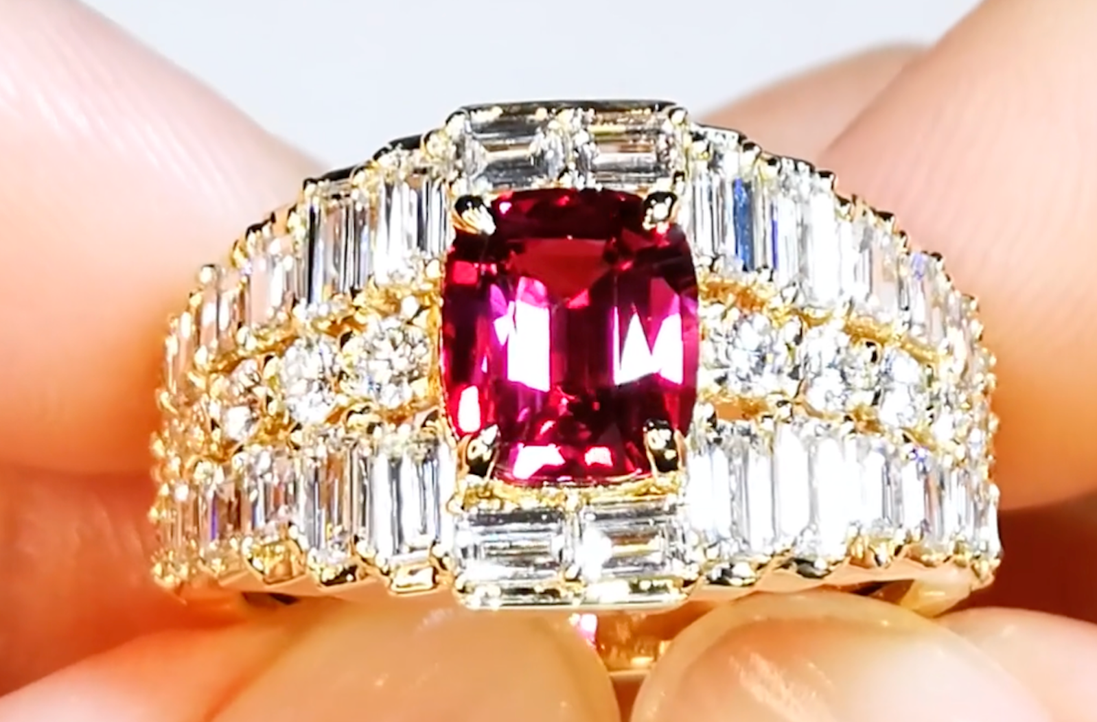 2.16ct Unheated Intense Red Ruby Ring with D Flawless Diamonds set in 18K Yellow Gold