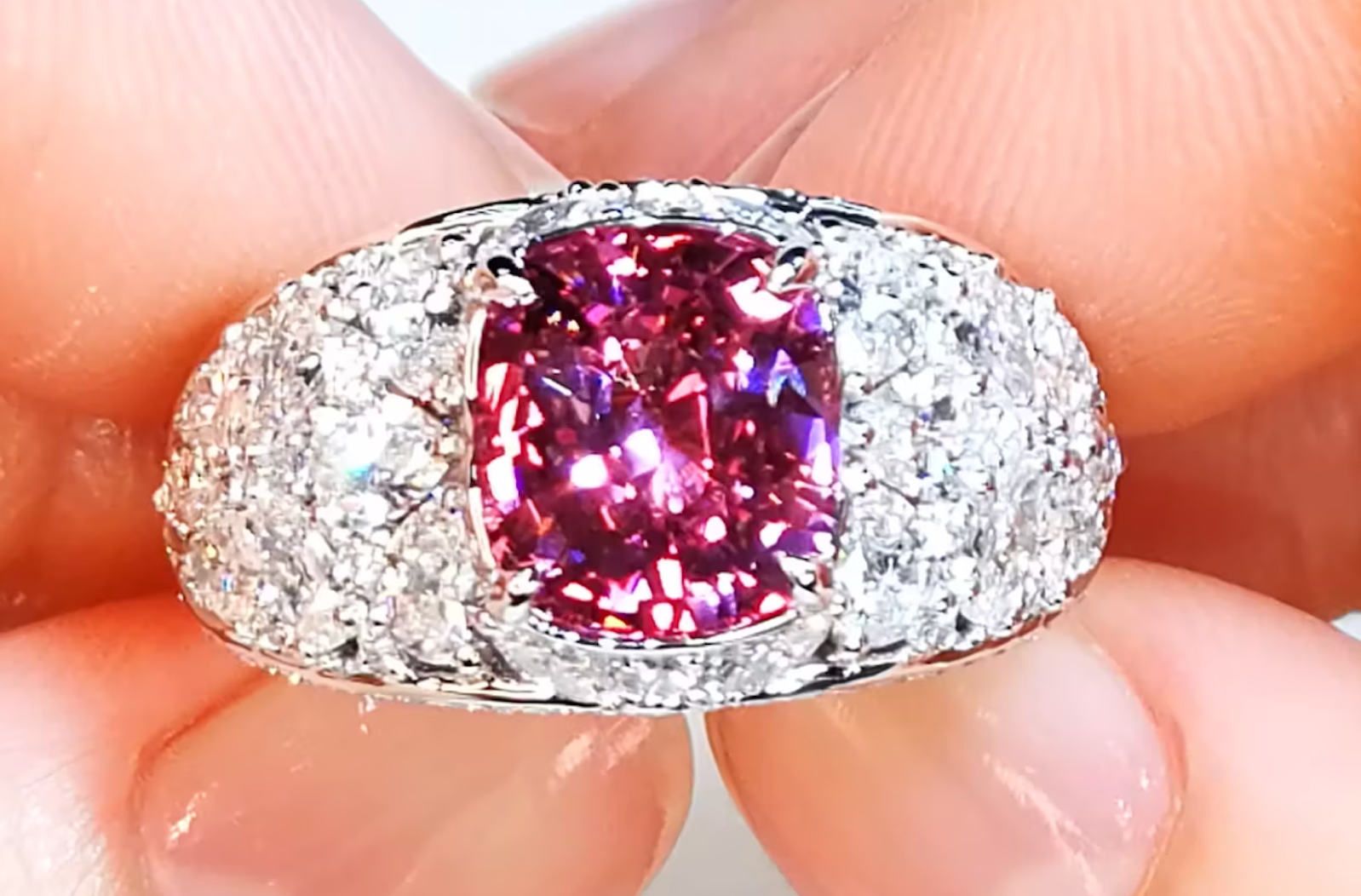 3.13ct Balas Vibrant Intense Pink Spinel Ring with D Flawless Diamonds set in 18K White Gold