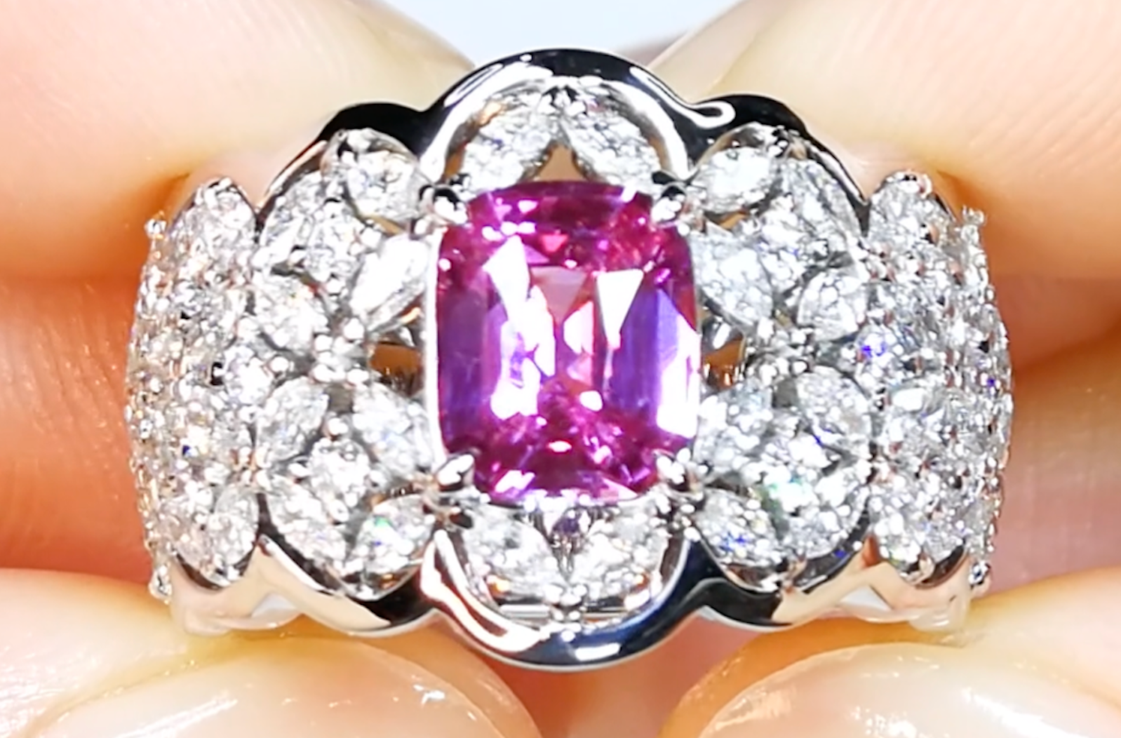 2.03ct Unheated Intense Hot Pink Sapphire Ring with D Flawless Diamonds set in 18K White Gold