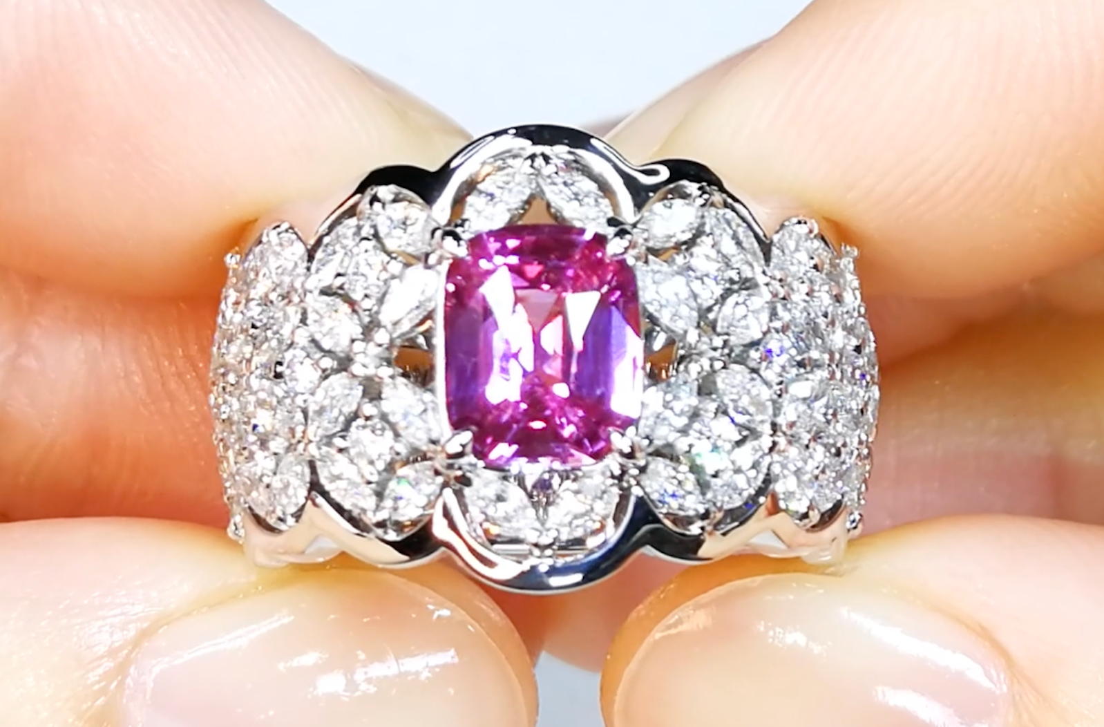 2.03ct Unheated Intense Hot Pink Sapphire Ring with D Flawless Diamonds set in 18K White Gold