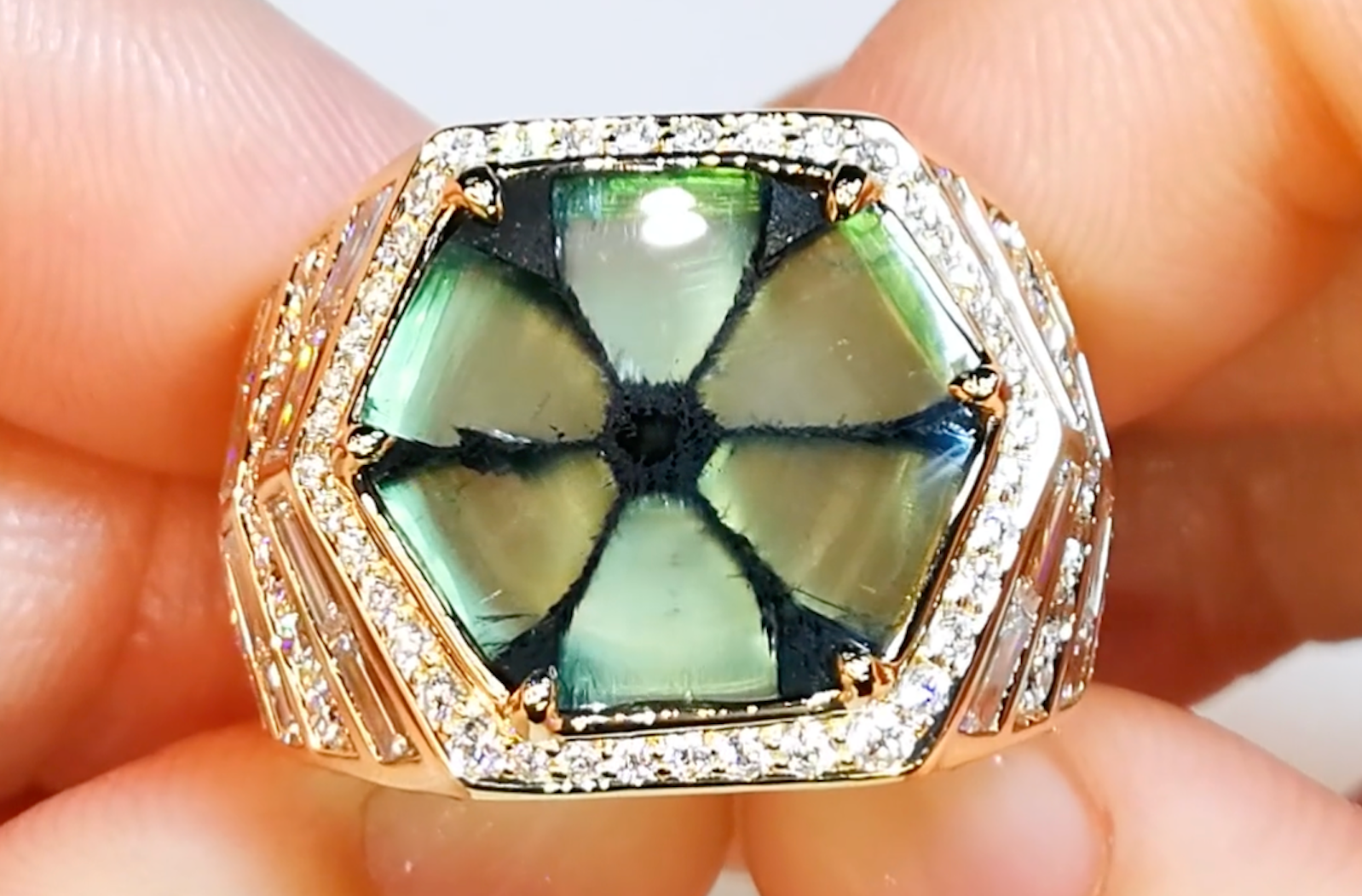 6.15ct No Oil Muzo Colombian Trapiche Emerald Ring with D Flawless Diamonds set in 18K Yellow Gold