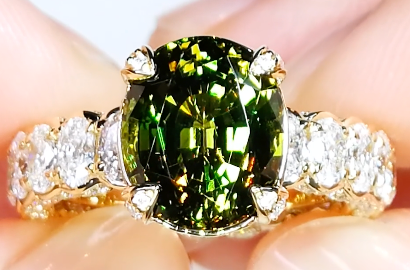 5.33ct Vibrant Vivid Demantoid Ring with D Flawless Diamonds set in 18K Yellow Gold