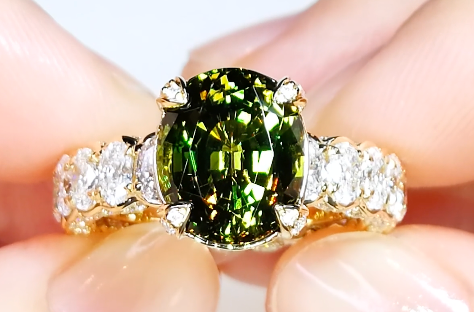5.33ct Vibrant Vivid Demantoid Ring with D Flawless Diamonds set in 18K Yellow Gold