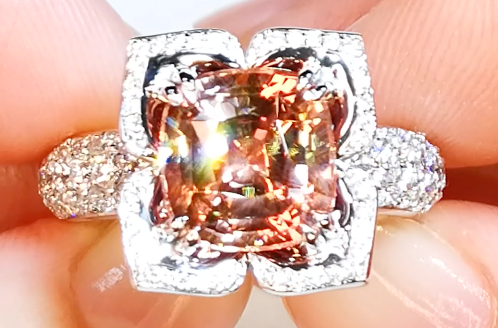 5.11ct Padparadscha Color Garnet Ring with D Flawless Diamonds set in 18K White Gold