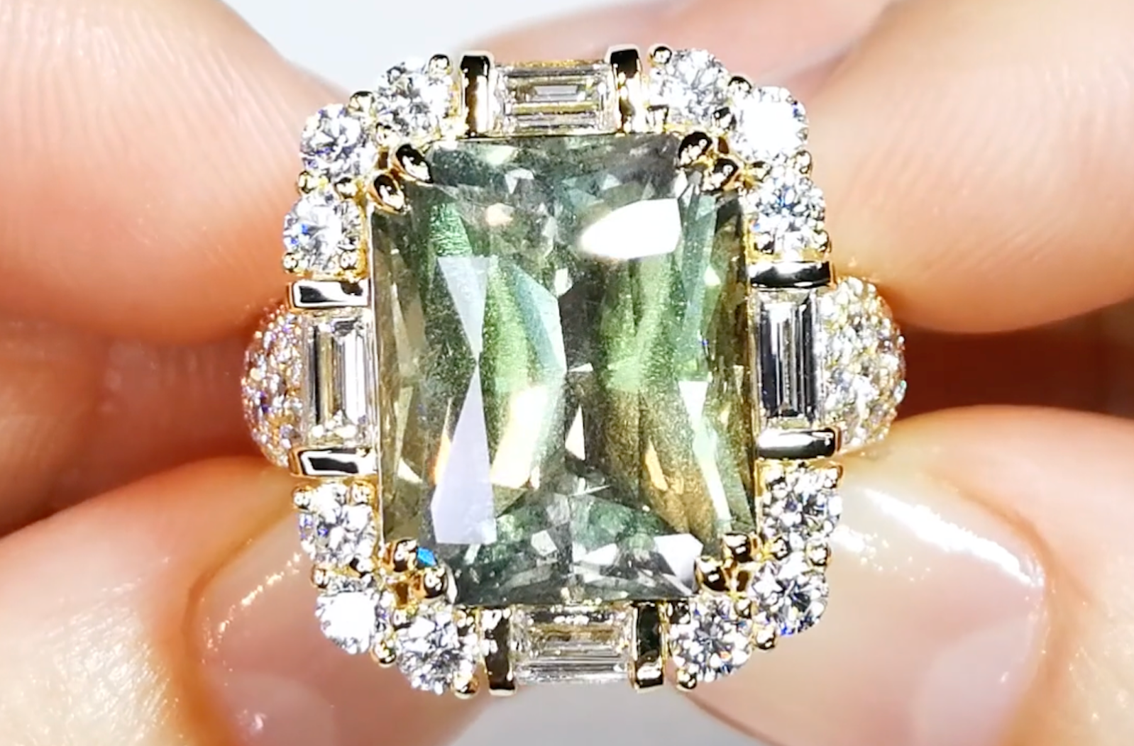 12.20ct Schiller Sheen Green Sapphire Ring with D Flawless Diamonds set in 18K Yellow Gold