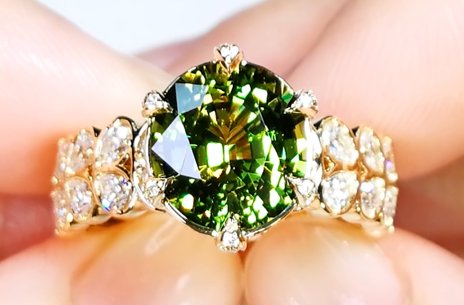 4.54ct Vibrant Vivid Demantoid Ring with D Flawless Diamonds set in 18K Yellow Gold