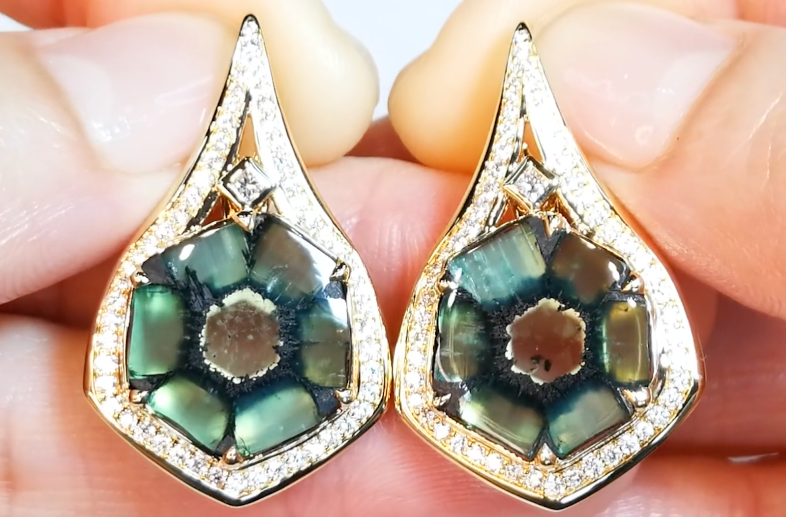 13.45ct No Oil Muzo Colombian Trapiche Emerald Earrings with D Flawless Diamonds set in 18K Yellow Gold