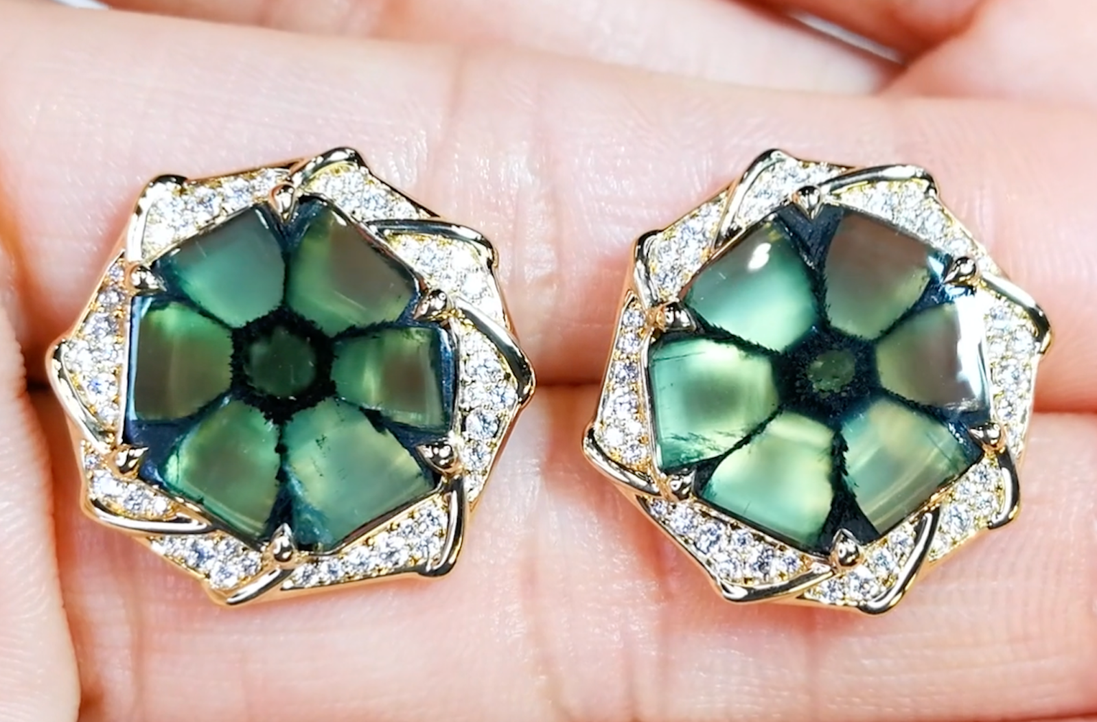 12.09ct No Oil Muzo Colombian Trapiche Emerald Earrings with D Flawless Diamonds set in 18K Yellow Gold