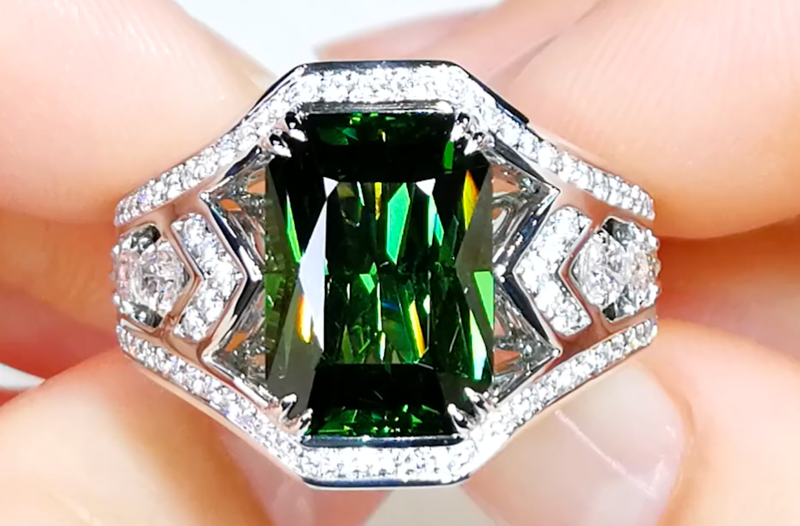 8.35ct Green Zircon Ring with D Flawless Diamonds set in 18K White Gold